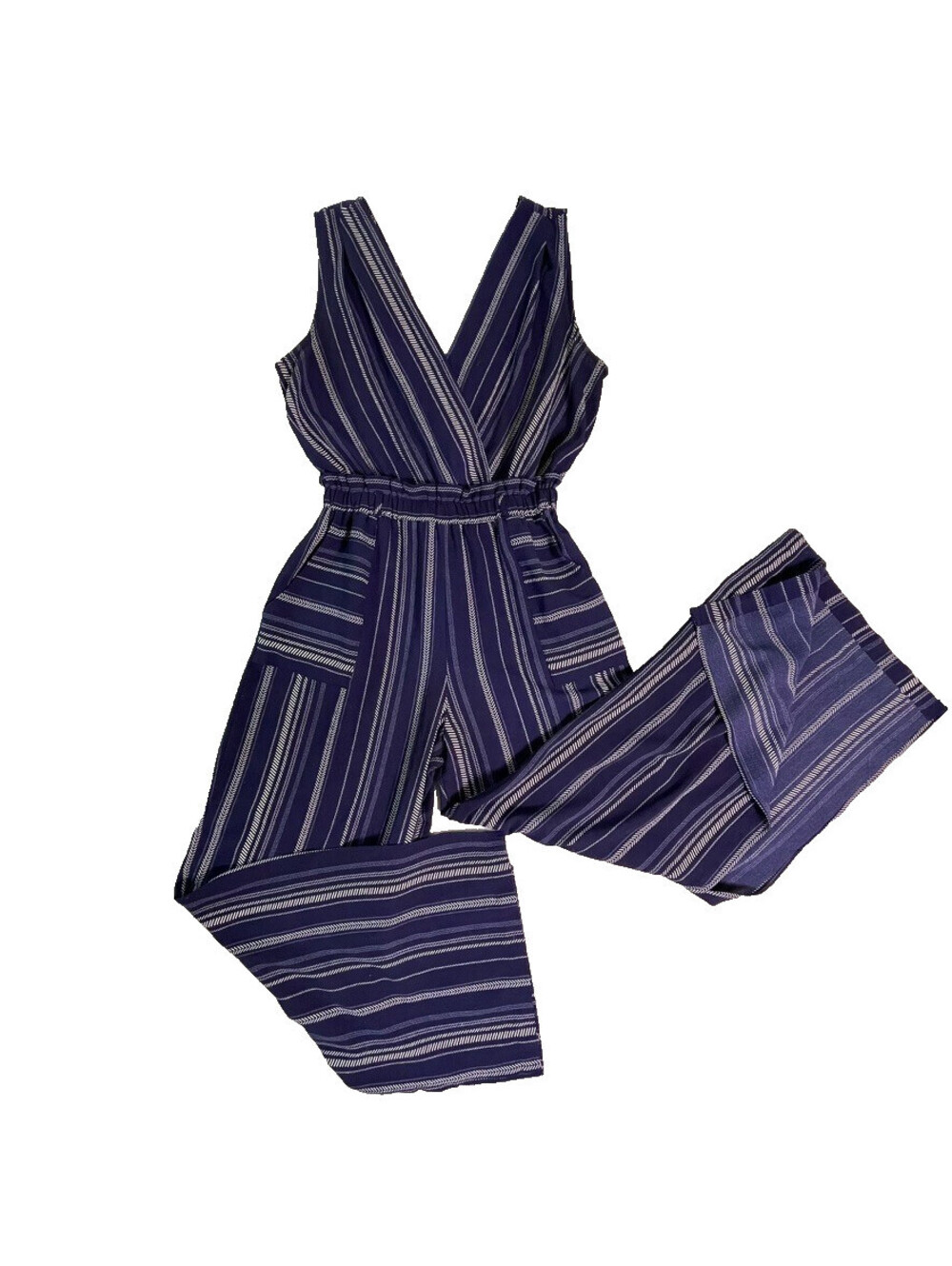 Monteau Los Angeles Jumpsuit Womens M Blue Striped Wide Leg Surplice Pockets - Picture 2 of 11